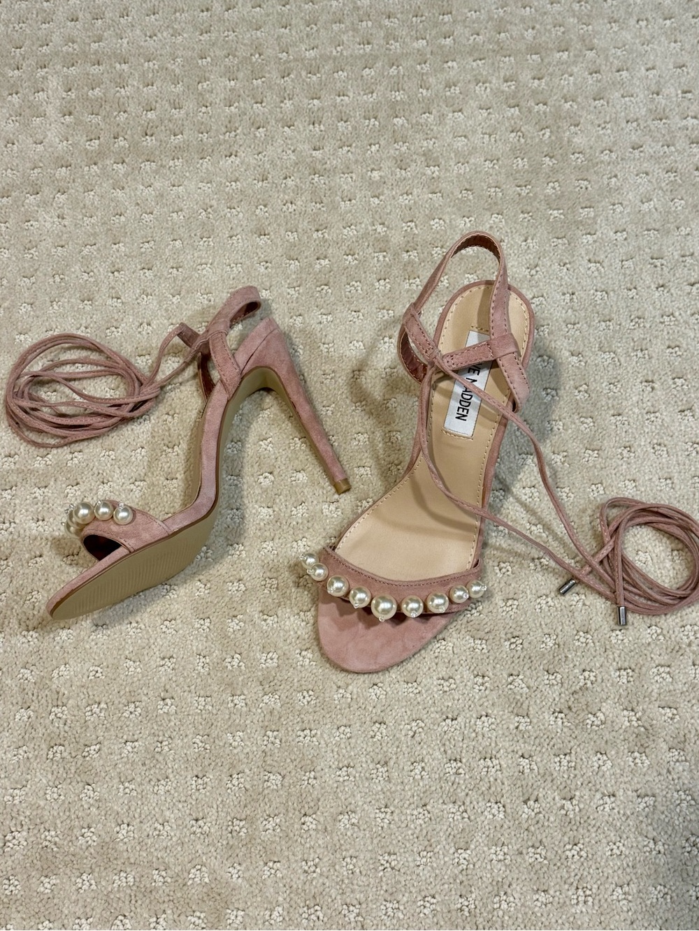 Steve Madden Blush Pink Pearl Lace-Up Stiletto Sandals